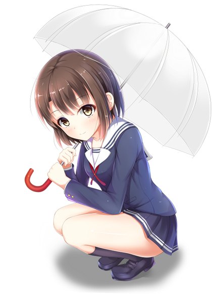 Anime picture 1000x1429 with saenai heroine no sodatekata a-1 pictures katou megumi kagami (galgamesion) single tall image looking at viewer blush fringe short hair simple background brown hair white background sitting holding yellow eyes ass pleated skirt light smile from above