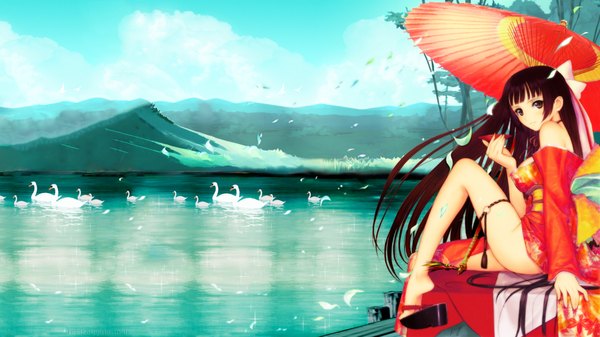 Anime picture 1920x1080 with original tony taka single long hair highres light erotic brown hair wide image sitting bare shoulders brown eyes cloud (clouds) japanese clothes mountain lake girl hair ornament bow hair bow petals