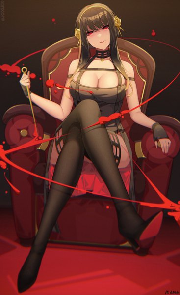 Anime picture 2559x4183 with spy x family yor briar senjouhara nira single long hair tall image looking at viewer blush fringe highres breasts light erotic black hair red eyes large breasts sitting holding signed cleavage full body