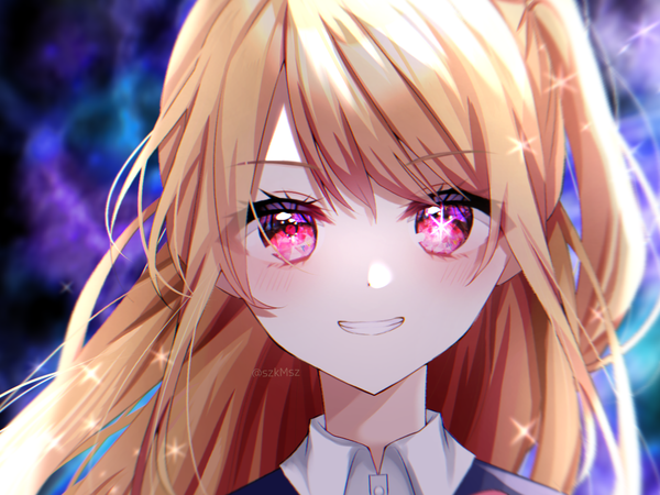 Anime picture 2048x1536 with oshi no ko hoshino ruby szmymsz single long hair looking at viewer highres blonde hair smile pink eyes grin one side up face girl