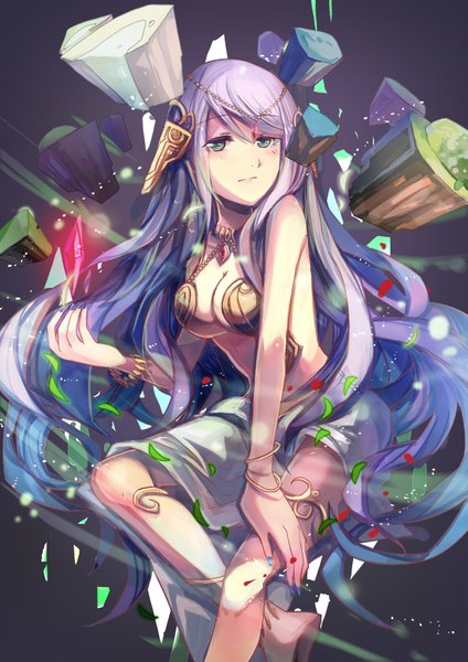 Anime picture 1157x1637 with puzzle & dragons gaia (p&d) shadowsinking single tall image blush breasts light erotic green eyes purple hair very long hair girl hair ornament bracelet
