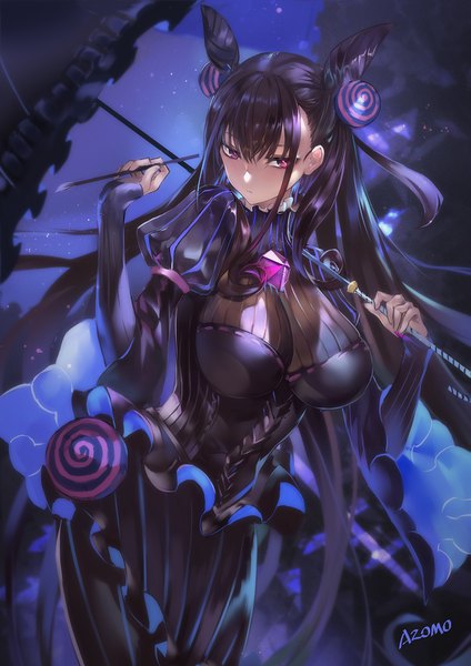 Anime picture 1131x1600 with fate (series) fate/grand order murasaki shikibu (fate) azomo single long hair tall image looking at viewer blush fringe breasts light erotic hair between eyes brown hair large breasts standing purple eyes holding signed payot