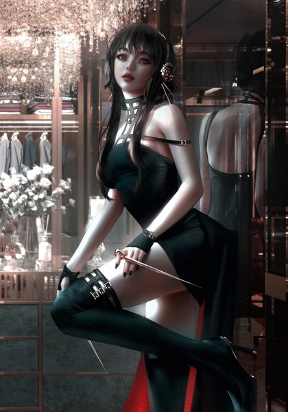Anime picture 4200x6000 with spy x family yor briar nixeu single long hair tall image looking at viewer fringe highres breasts light erotic black hair red eyes standing holding absurdres indoors blunt bangs nail polish fingernails