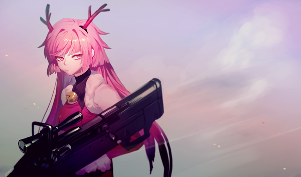 Anime picture 2200x1297 with girls frontline ntw-20 (girls frontline) sobi (dnenqkswja) single long hair highres simple background wide image payot looking away pink hair pink eyes horn (horns) expressionless girl weapon gun bell jingle bell rifle