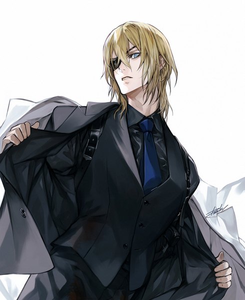 Anime picture 1000x1222 with fire emblem fire emblem: three houses nintendo dimitri alexandre blaiddyd danhu single tall image looking at viewer fringe short hair blue eyes simple background blonde hair hair between eyes standing white background signed parted lips open clothes alternate costume