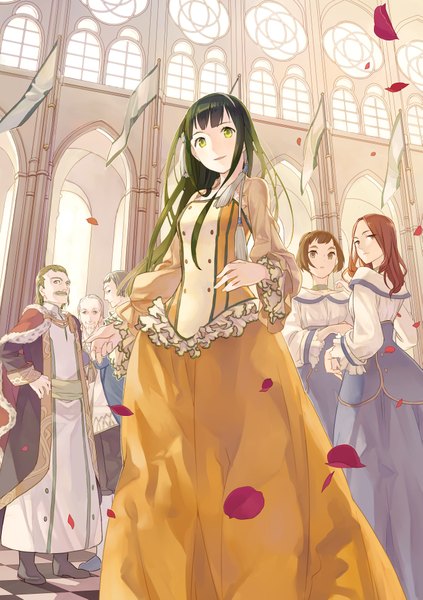 Anime picture 2718x3858 with original sarai long hair tall image looking at viewer highres short hair brown hair multiple girls brown eyes green eyes green hair multiple boys hand on hip group architecture girl dress boy petals