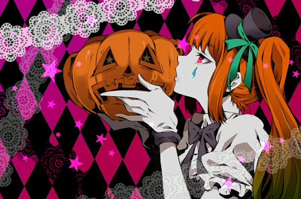 Anime picture 1089x721 with vocaloid mrs.pumpkin no kokkei na yume (vocaloid) hatsune miku single long hair red eyes twintails profile orange hair tears halloween face paint girl gloves bow hat star (symbol) lace vegetables mini hat