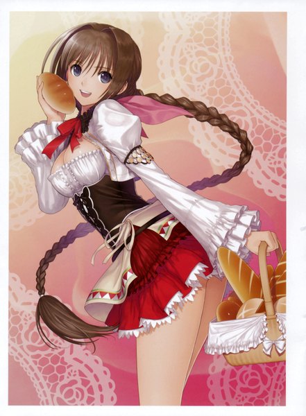 Anime picture 2417x3285 with tony taka single long hair tall image highres open mouth light erotic brown hair purple eyes braid (braids) girl skirt basket bread