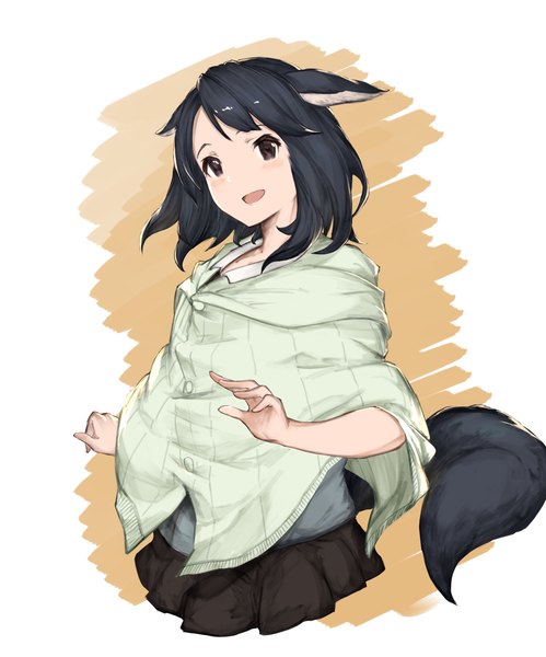 Anime picture 1496x1800 with original yashigaras single tall image blush fringe short hair open mouth black hair simple background smile brown eyes animal ears upper body tail :d animal tail fox ears fox tail fox girl