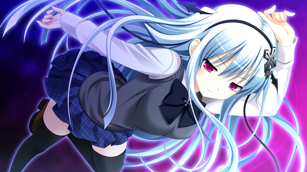Anime picture 2560x1440 with shinigami no testament vivi alhazerd makita maki single long hair fringe highres red eyes wide image game cg silver hair bent knee (knees) from above girl thighhighs skirt uniform hair ornament black thighhighs school uniform