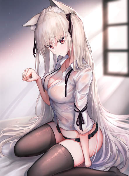 Anime picture 2894x3926 with original gu luco single tall image looking at viewer fringe highres breasts light erotic hair between eyes red eyes large breasts sitting animal ears payot cleavage silver hair full body bent knee (knees) indoors
