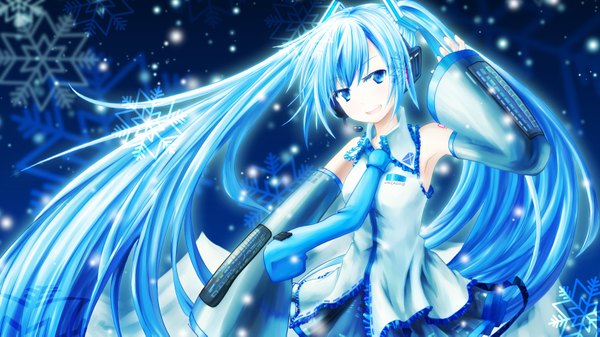 Anime picture 1600x901 with vocaloid hatsune miku yuki miku yuki miku (2010) 273akatsuki single long hair blue eyes smile wide image twintails bare shoulders blue hair tattoo snowing snow girl detached sleeves necktie headphones