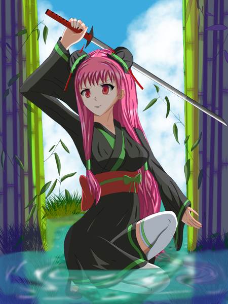 Anime picture 1600x2133 with original kristi palmer31 single long hair tall image sitting looking away pink hair pink eyes hair bun (hair buns) partially submerged fighting stance ripples girl thighhighs weapon plant (plants) white thighhighs sword water