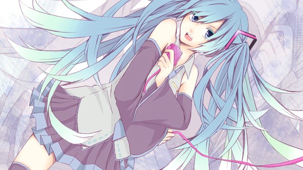 Anime picture 1920x1080 with vocaloid hatsune miku nanase eka single highres open mouth blue eyes wide image twintails very long hair aqua hair girl skirt detached sleeves miniskirt microphone
