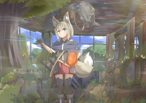 Anime picture 4093x2894 with original hinbackc single fringe highres short hair blue eyes hair between eyes standing holding signed animal ears looking away absurdres indoors tail animal tail grey hair fox ears dated