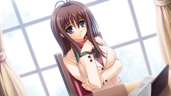 Anime picture 1024x576 with otome wa boku ni koishiteru breasts blue eyes light erotic brown hair wide image large breasts game cg girl laptop