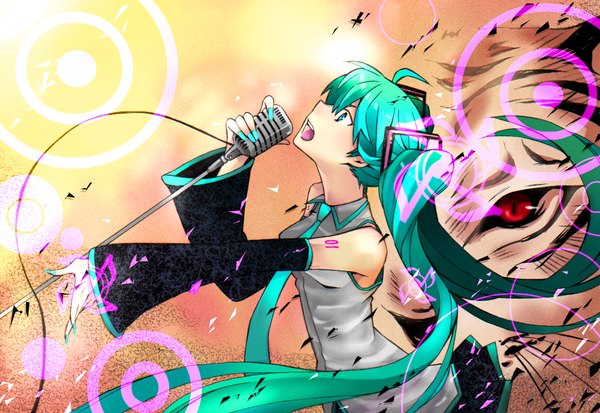 Anime picture 1177x811 with vocaloid hatsune miku single open mouth blue eyes blue hair very long hair looking up girl detached sleeves necktie microphone