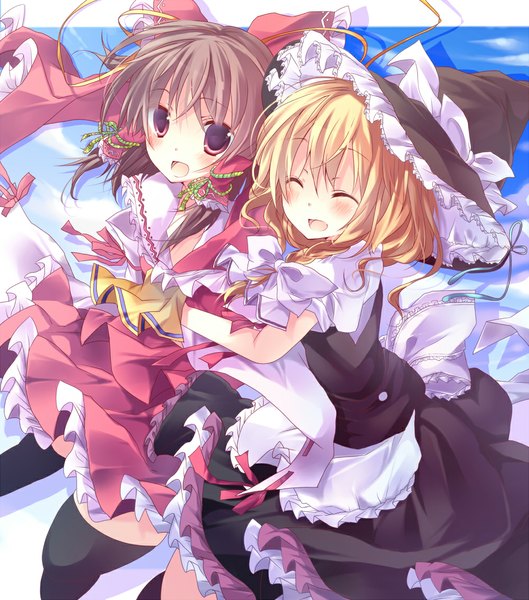 Anime picture 1000x1134 with touhou hakurei reimu kirisame marisa kisaragi kiriha long hair tall image blush open mouth blonde hair red eyes brown hair multiple girls eyes closed girl thighhighs dress skirt bow black thighhighs 2 girls