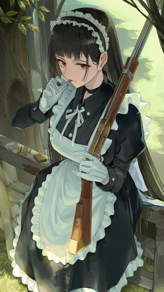 Anime-Bild 1800x3200 mit original goback single long hair tall image looking at viewer fringe highres black hair red eyes standing holding outdoors blunt bangs long sleeves arm up from above maid puffy sleeves mouth hold