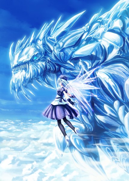 Аниме картинка 1024x1434 с оригинальное изображение tenmaso один (одна) длинные волосы высокое изображение красные глаза синие волосы полёт девушка платье шляпа крылья дракон чудовище