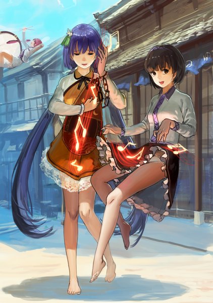 Anime picture 1408x2000 with touhou tsukumo benben horikawa raiko tsukumo yatsuhashi november (jeanex) long hair tall image looking at viewer short hair open mouth black hair twintails multiple girls brown eyes blue hair red hair barefoot bare legs girl dress