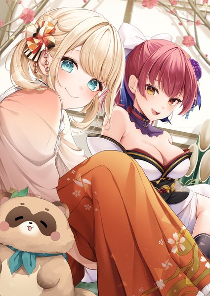 Anime picture 1418x2000 with virtual youtuber hololive houshou marine kazama iroha pokobee houshou marine (new year) kazama iroha (new year) miyagi ratona tall image looking at viewer short hair breasts open mouth light erotic blonde hair smile large breasts sitting twintails multiple girls