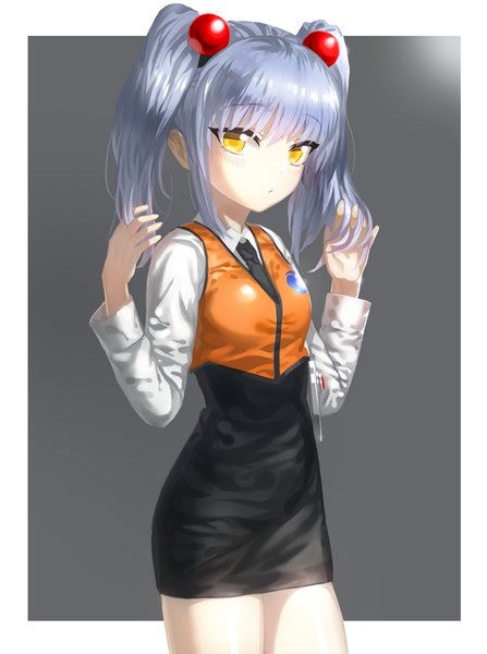 Anime picture 875x1175 with martian successor nadesico xebec hoshino ruri kfr single long hair tall image looking at viewer blush simple background standing yellow eyes grey hair grey background bare legs adjusting hair girl hair ornament shirt necktie