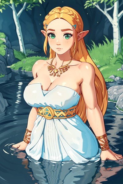 Anime picture 2400x3600 with the legend of zelda the legend of zelda: breath of the wild nintendo princess zelda nikita varb single long hair tall image looking at viewer fringe highres breasts light erotic blonde hair large breasts standing bare shoulders green eyes outdoors braid (braids)