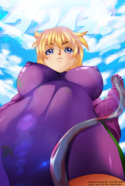 Anime picture 1415x2099 with history's strongest disciple kenichi fuurinji miu hikarinogiri single long hair tall image breasts blue eyes light erotic blonde hair large breasts sky cloud (clouds) from below coloring girl bodysuit