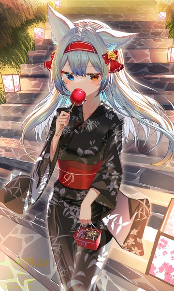 Anime picture 1200x2000 with original kiramarukou single long hair tall image blush fringe blue eyes standing holding animal ears payot silver hair outdoors blunt bangs traditional clothes japanese clothes arm up cat ears mole