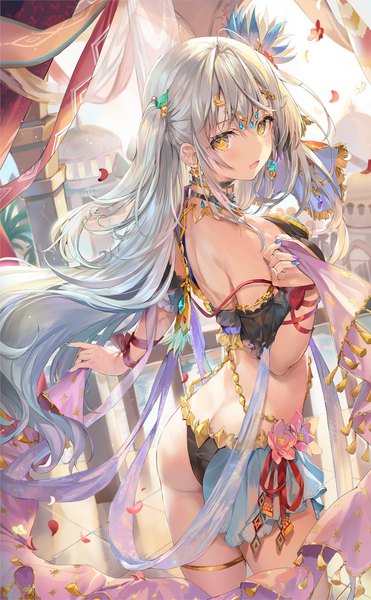 Anime picture 1200x1941 with original momoko (momopoco) single long hair tall image looking at viewer blush fringe breasts open mouth light erotic hair between eyes standing holding yellow eyes silver hair ass nail polish :d fingernails
