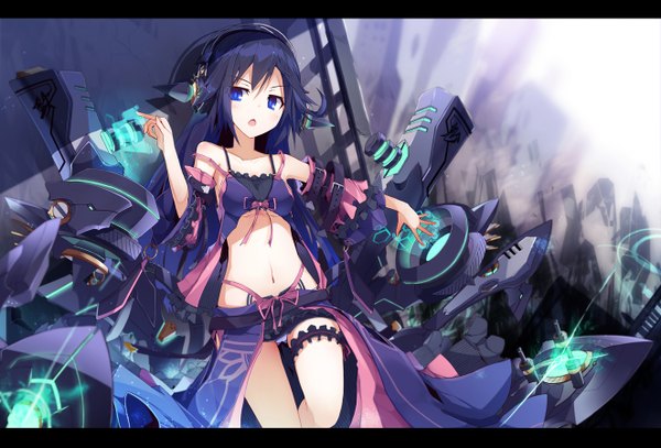 Anime picture 1324x900 with original ichiyan (artist) single long hair blush open mouth blue eyes light erotic blue hair midriff letterboxed mechanical girl navel detached sleeves headphones