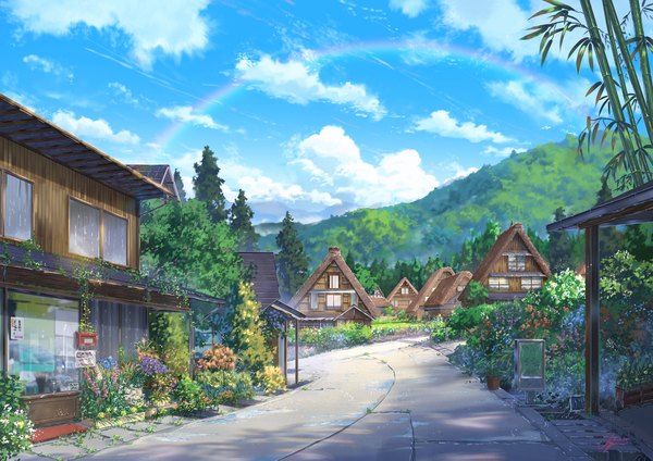 Anime picture 1920x1357 with original niko p highres sky cloud (clouds) no people street real world location flower (flowers) plant (plants) tree (trees) building (buildings) potted plant house road rainbow japanese house bamboo mailbox