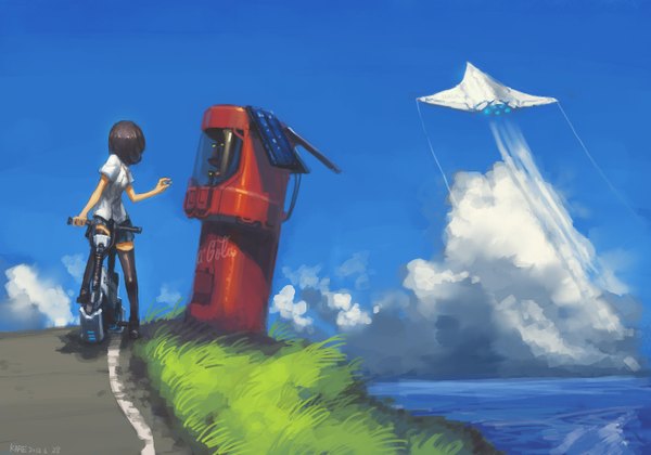 Anime picture 1500x1050 with original kare (pixiv 1045048) single short hair brown hair sky cloud (clouds) pleated skirt flying girl thighhighs uniform black thighhighs plant (plants) school uniform shirt sea grass ground vehicle aircraft