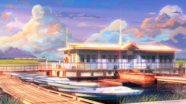 Anime picture 1920x1080 with everlasting summer iichan eroge arsenixc vvcephei highres wide image game cg cloud (clouds) sunlight wallpaper no people scenic collaboration window building (buildings) watercraft train boat port