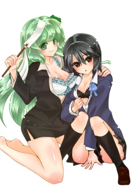 Anime picture 2893x4092 with kokoro connect touhou silver link kochiya sanae inaba himeko uni-h long hair tall image blush highres short hair breasts light erotic black hair simple background white background multiple girls brown eyes green eyes green hair