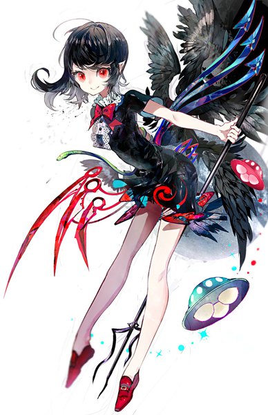 Anime picture 1360x2100 with touhou houjuu nue rooseputo 02 single tall image looking at viewer short hair black hair simple background smile red eyes white background full body pointy ears slit pupils black wings multiple wings :> long legs asymmetrical wings