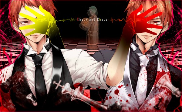 Anime picture 2200x1353 with kuroko no basket production i.g kuroko tetsuya akashi seijuurou highres short hair red eyes wide image looking away red hair light smile inscription hand on head checkered floor floor twisty sleeves boy uniform shirt necktie