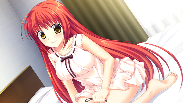 Anime picture 1280x720 with natsu koi high pressure nanase hikari ayamisiro single long hair looking at viewer blush breasts smile wide image large breasts sitting brown eyes game cg red hair barefoot alternate hairstyle hair down girl dress