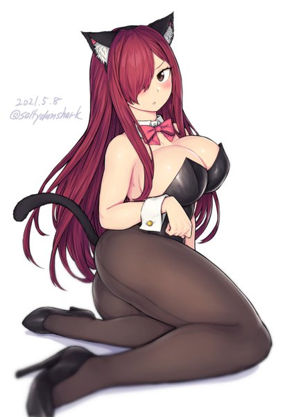 Anime picture 565x824 with fairy tail erza scarlet shioboi single long hair tall image blush fringe breasts light erotic simple background large breasts white background sitting brown eyes signed animal ears cleavage full body bent knee (knees)