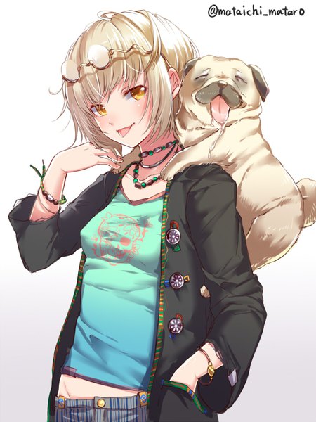 Anime picture 600x800 with original mataichi matarou tall image looking at viewer blush short hair simple background blonde hair smile signed yellow eyes eyes closed wide sleeves twitter username gradient background saliva hand in pocket animal on shoulder glasses on head girl