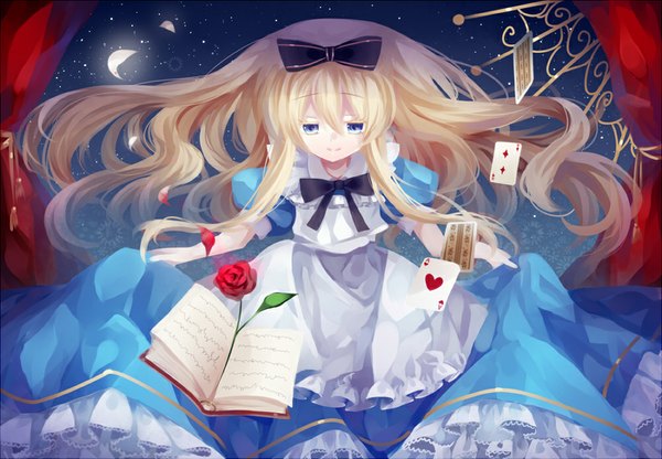 Anime picture 1000x694 with alice in wonderland alice (wonderland) filiananna single long hair fringe blue eyes blonde hair light smile night night sky frilled dress crescent curtsey girl dress flower (flowers) bow hair bow petals