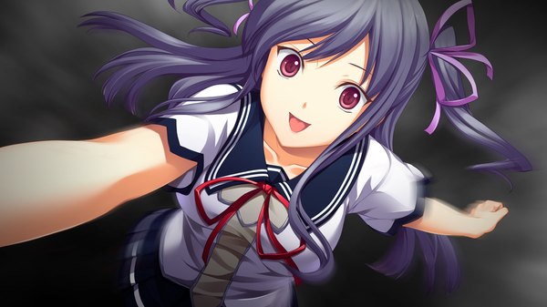 Anime picture 1280x720 with izuna zanshinken (game) long hair open mouth black hair red eyes wide image game cg girl uniform school uniform