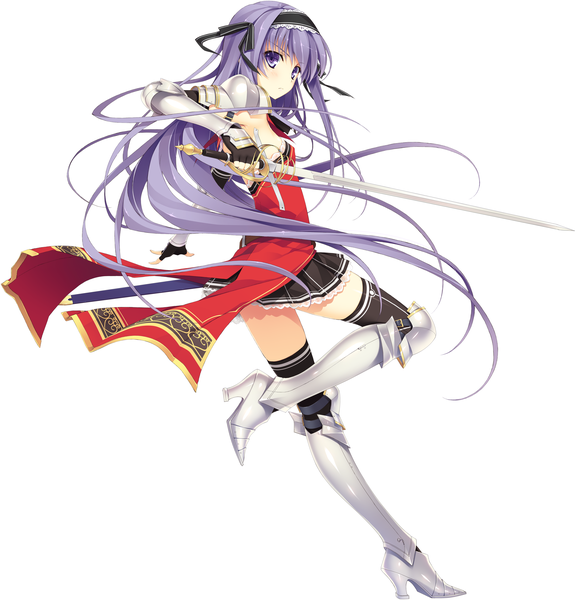 Anime picture 3183x3312 with koikishi purely kiss fujimori yuu long hair tall image highres simple background white background purple eyes absurdres game cg purple hair girl skirt gloves weapon sword hairband armor