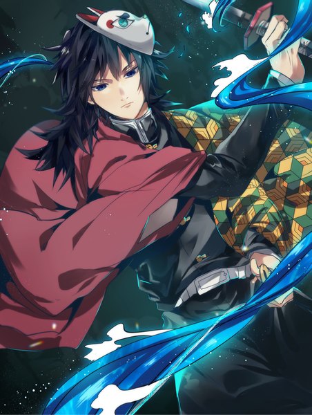 Anime picture 1778x2358 with kimetsu no yaiba ufotable tomioka giyuu bai fu single long hair tall image fringe highres blue eyes black hair simple background holding traditional clothes japanese clothes lips sparkle glowing fighting stance mask on head