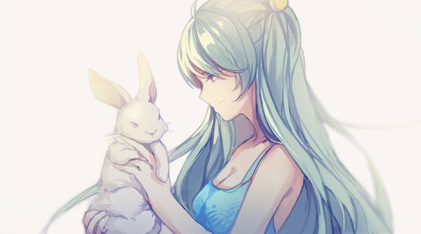 Anime picture 1500x836 with vocaloid hatsune miku xiaohan single long hair simple background wide image twintails holding green eyes cleavage upper body profile green hair floating hair girl dress animal bunny