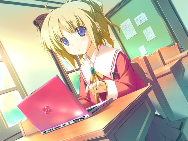 Anime picture 1600x1200 with happy margaret minahase karin kokonoka short hair blue eyes blonde hair sitting game cg loli girl uniform school uniform laptop