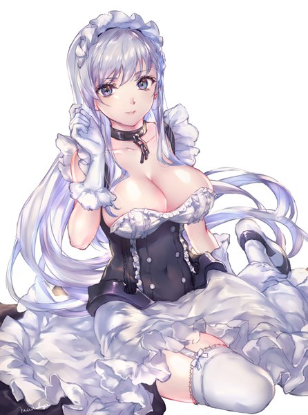 Anime picture 1713x2306 with azur lane belfast (azur lane) michudx (michudayo) single long hair tall image looking at viewer blush fringe highres breasts blue eyes light erotic simple background hair between eyes large breasts sitting signed cleavage silver hair