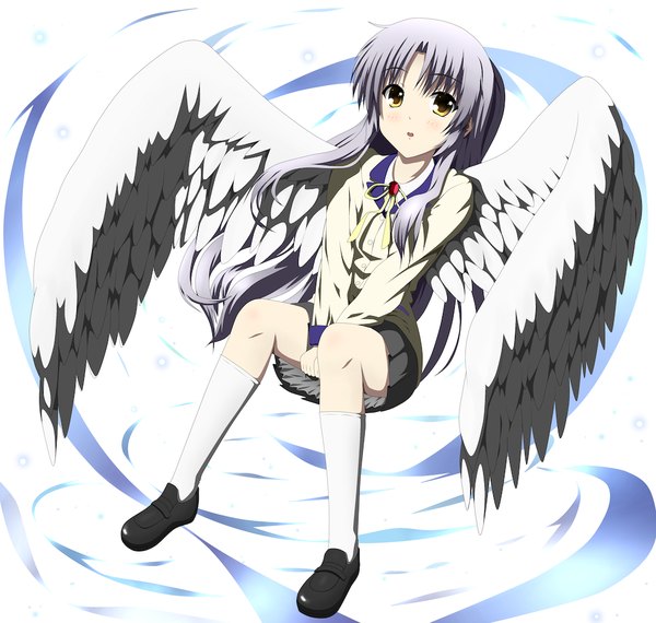 Anime picture 1000x950 with angel beats! key (studio) tachibana kanade chokotto single long hair blush yellow eyes grey hair girl skirt uniform school uniform miniskirt wings socks white socks