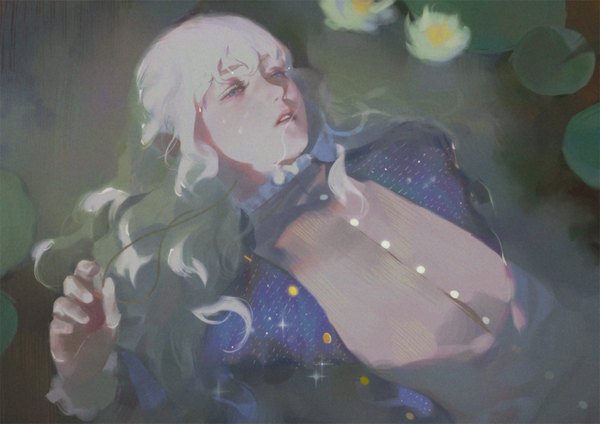 Anime picture 1000x707 with berserk griffith emg (christain) single long hair looking at viewer fringe blue eyes hair between eyes holding upper body white hair parted lips realistic partially submerged androgynous afloat ophelia's pose boy flower (flowers)